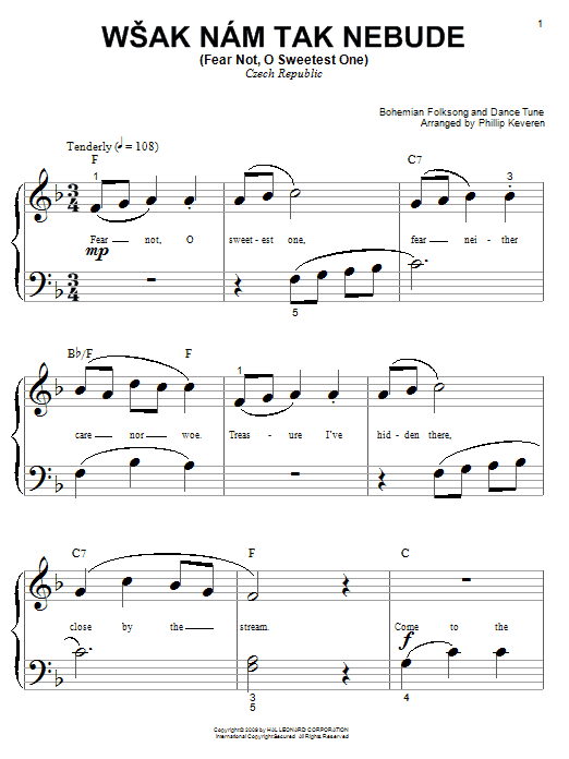 Bohemian Folksong & Dance Tune Wsak Nam Tak Nebude (Fear Not, O Sweetest One) sheet music, chords, lyrics - Printable PDF for Piano (Big Notes)