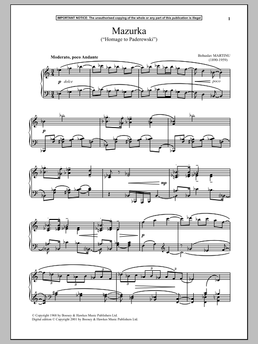 Learn to play Bohuslav Martinu Mazurka, H284 (Homage To Paderewski) sheet music for Piano in minutes. Bohuslav Martinu Mazurka, H284 (Homage To Paderewski) sheet music notes and chords