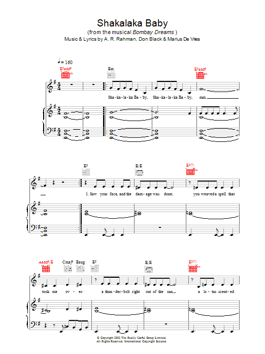 Learn to play A.R. Rahman Shakalaka Baby (from Bombay Dreams) sheet music for Piano, Vocal & Guitar in minutes. A.R. Rahman Shakalaka Baby (from Bombay Dreams) sheet music preview music notes and score for Piano, Vocal & Guitar including 8 page(s)