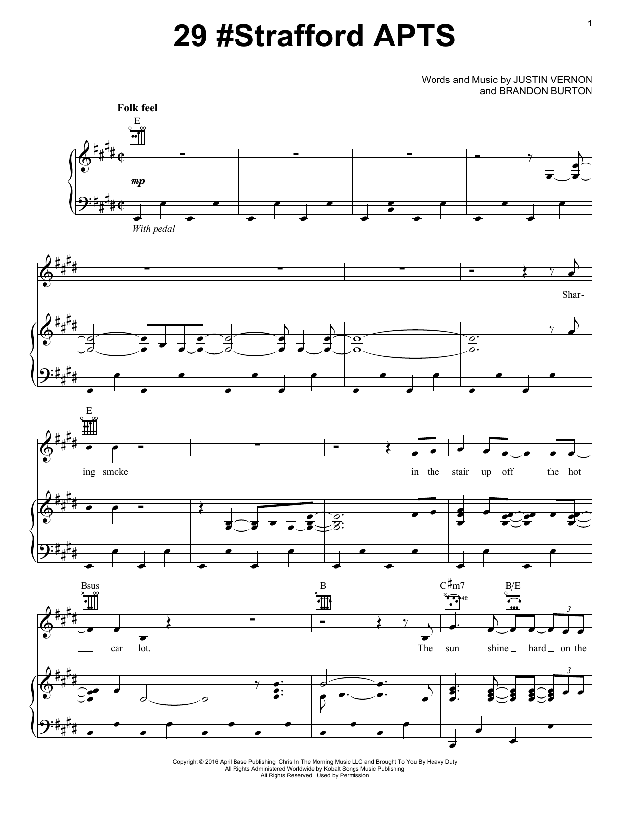 Bon Iver 29 #Strafford APTS sheet music, chords, lyrics - Printable PDF for Piano, Vocal & Guitar (Right-Hand Melody)