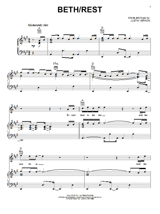 Learn to play Bon Iver Beth / Rest sheet music for Piano, Vocal & Guitar (Right-Hand Melody) in minutes. Bon Iver Beth / Rest sheet music preview music notes and score for Piano, Vocal & Guitar (Right-Hand Melody) including 8 page(s)
