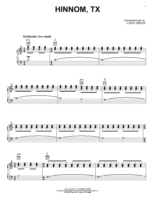Learn to play Bon Iver Hinnom, TX sheet music for Piano, Vocal & Guitar (Right-Hand Melody) in minutes. Bon Iver Hinnom, TX sheet music preview music notes and score for Piano, Vocal & Guitar (Right-Hand Melody) including 5 page(s)