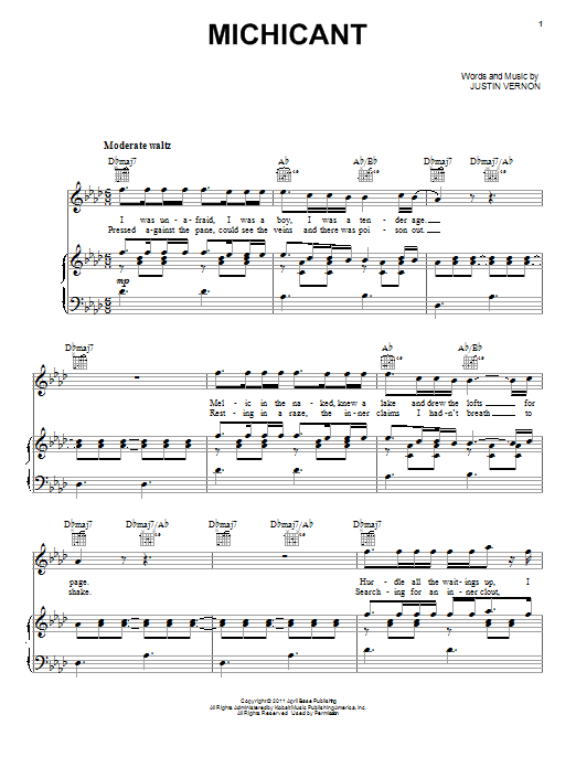 Learn to play Bon Iver Michicant sheet music for Piano, Vocal & Guitar (Right-Hand Melody) in minutes. Bon Iver Michicant sheet music preview music notes and score for Piano, Vocal & Guitar (Right-Hand Melody) including 5 page(s)