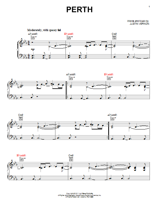 Learn to play Bon Iver Perth sheet music for Piano, Vocal & Guitar (Right-Hand Melody) in minutes. Bon Iver Perth sheet music preview music notes and score for Piano, Vocal & Guitar (Right-Hand Melody) including 8 page(s)
