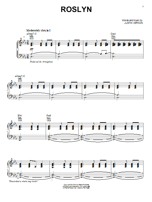 Learn to play Bon Iver Rosyln sheet music for Piano, Vocal & Guitar (Right-Hand Melody) in minutes. Bon Iver Rosyln sheet music preview music notes and score for Piano, Vocal & Guitar (Right-Hand Melody) including 11 page(s)