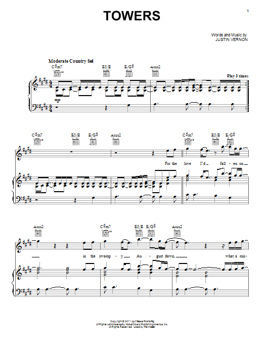Learn to play Bon Iver Towers sheet music for Piano, Vocal & Guitar (Right-Hand Melody) in minutes. Bon Iver Towers sheet music preview music notes and score for Piano, Vocal & Guitar (Right-Hand Melody) including 6 page(s)