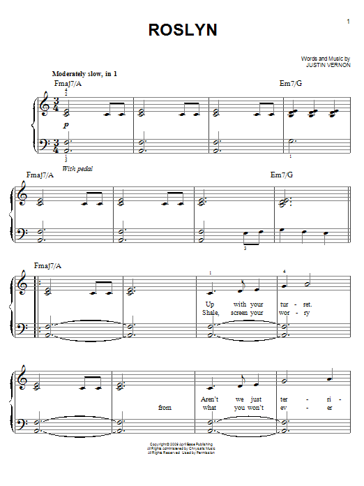 Learn to play Bon Iver & St. Vincent Rosyln sheet music for Easy Piano in minutes. Bon Iver & St. Vincent Rosyln sheet music preview music notes and score for Easy Piano including 8 page(s)