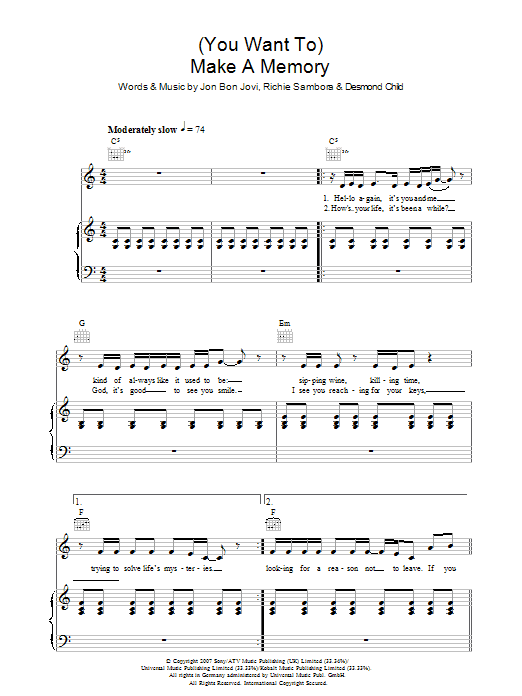 Bon Jovi (You Want To) Make A Memory sheet music preview music notes and score for Piano, Vocal & Guitar (Right-Hand Melody) including 7 page(s)