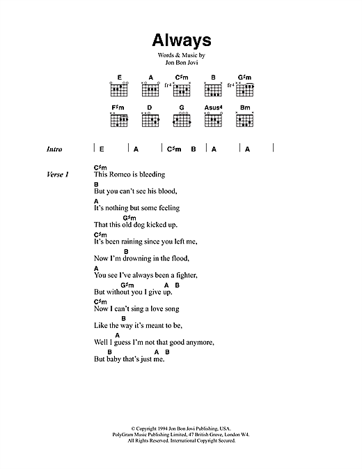 Learn to play Bon Jovi Always sheet music for Piano in minutes. Bon Jovi Always sheet music notes and chords