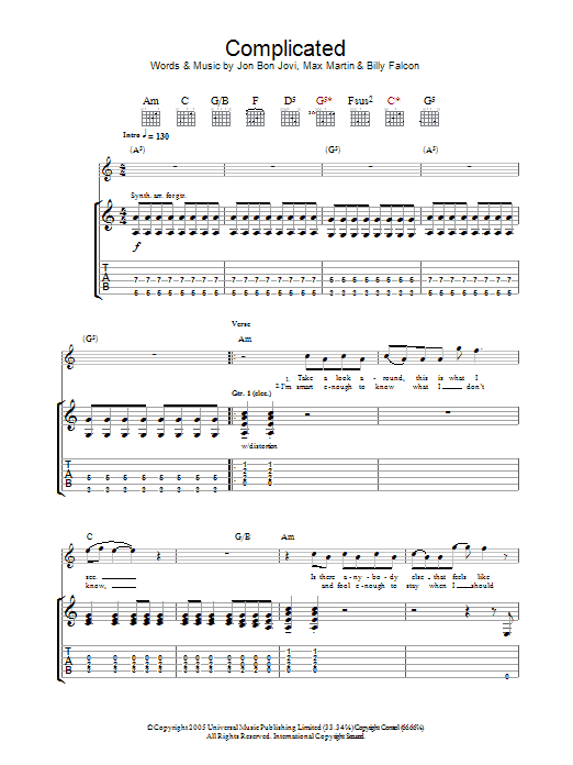 Bon Jovi Complicated sheet music preview music notes and score for Guitar Tab including 7 page(s)