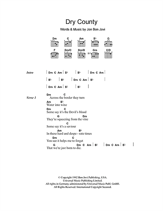 Bon Jovi Dry County sheet music, chords, lyrics - Printable PDF for Lyrics & Chords