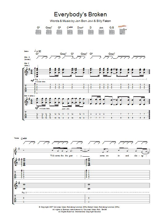 Learn to play Bon Jovi Everybody's Broken sheet music for Guitar Tab in minutes. Bon Jovi Everybody's Broken sheet music preview music notes and score for Guitar Tab including 9 page(s)
