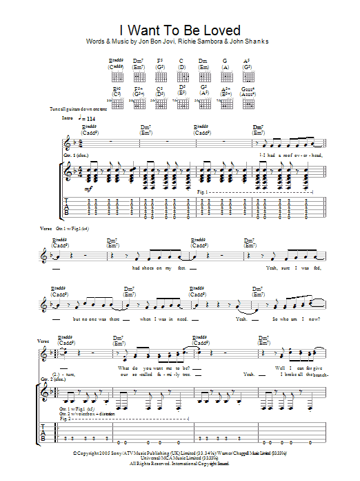 Bon Jovi I Want To Be Loved sheet music preview music notes and score for Guitar Tab including 5 page(s)