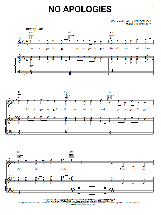 Learn to play Bon Jovi No Apologies sheet music for Piano, Vocal & Guitar (Right-Hand Melody) in minutes. Bon Jovi No Apologies sheet music preview music notes and score for Piano, Vocal & Guitar (Right-Hand Melody) including 10 page(s)