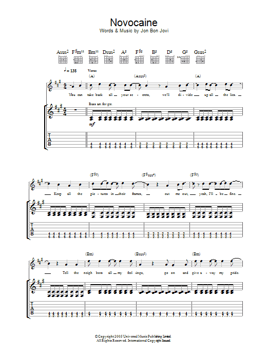 Bon Jovi Novocaine sheet music preview music notes and score for Guitar Tab including 9 page(s)