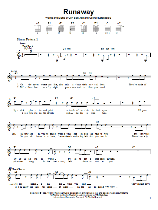 Learn to play Bon Jovi Runaway sheet music for Piano, Vocal & Guitar (Right-Hand Melody) in minutes. Bon Jovi Runaway sheet music notes and chords