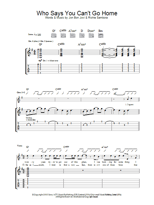 Bon Jovi Who Says You Can't Go Home sheet music preview music notes and score for Guitar Tab including 7 page(s)