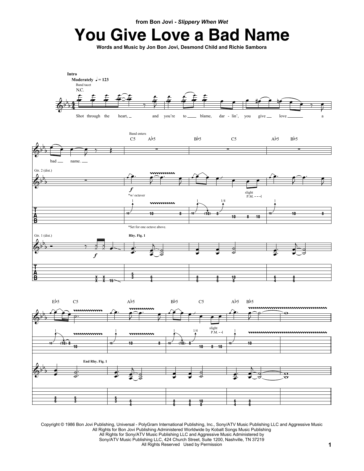 Learn to play Bon Jovi You Give Love A Bad Name sheet music for Guitar Tab in minutes. Bon Jovi You Give Love A Bad Name sheet music preview music notes and score for Guitar Tab including 6 page(s)