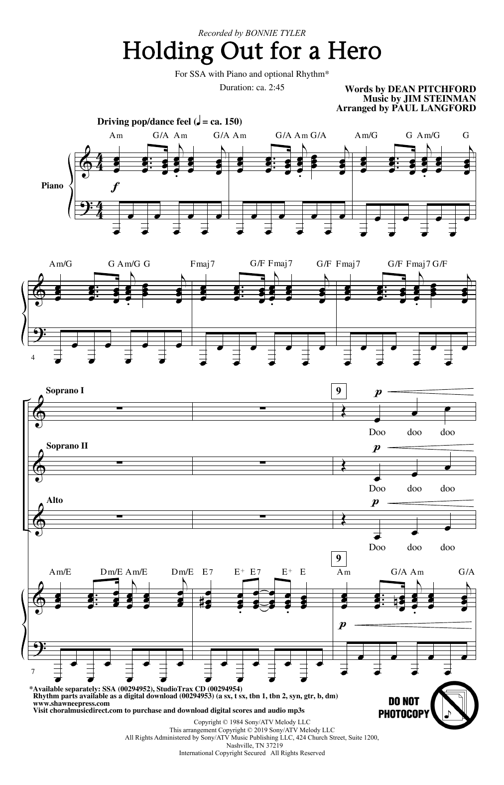 Bonnie Tyler Holding Out For A Hero (from Footloose) (arr. Paul Langford) sheet music, chords, lyrics - Printable PDF for SSA Choir