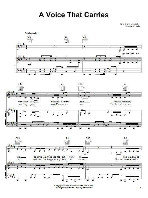 Learn to play Bonnie McKee A Voice That Carries sheet music for Piano, Vocal & Guitar (Right-Hand Melody) in minutes. Bonnie McKee A Voice That Carries sheet music notes and chords