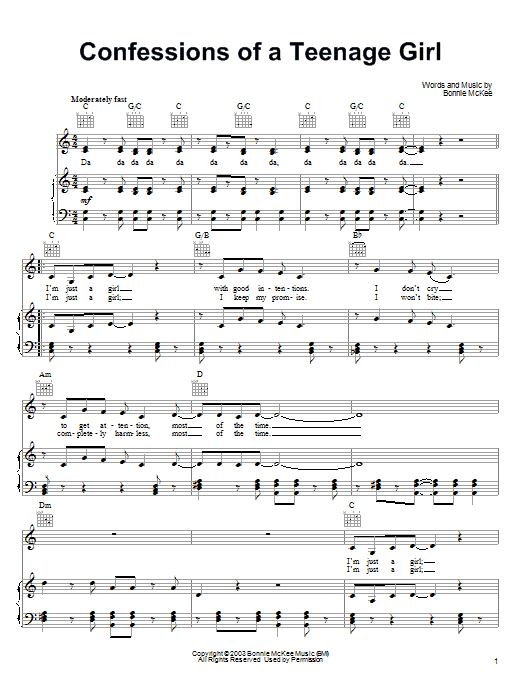 Learn to play Bonnie McKee Confessions Of A Teenage Girl sheet music for Piano, Vocal & Guitar (Right-Hand Melody) in minutes. Bonnie McKee Confessions Of A Teenage Girl sheet music notes and chords