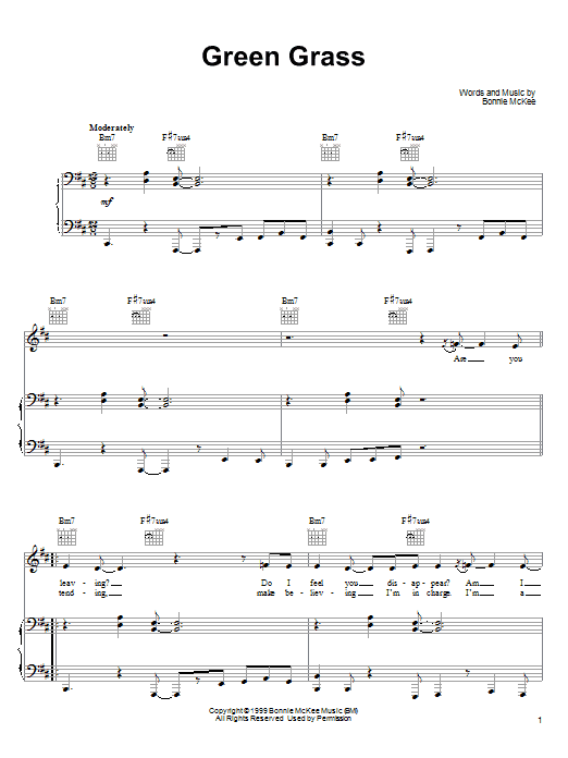 Learn to play Bonnie McKee Green Grass sheet music for Piano, Vocal & Guitar (Right-Hand Melody) in minutes. Bonnie McKee Green Grass sheet music notes and chords
