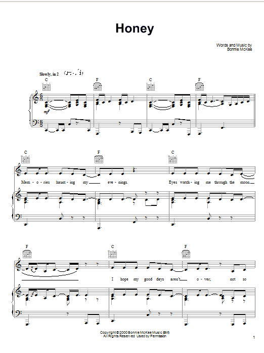 Learn to play Bonnie McKee Honey sheet music for Piano, Vocal & Guitar (Right-Hand Melody) in minutes. Bonnie McKee Honey sheet music preview music notes and score for Piano, Vocal & Guitar (Right-Hand Melody) including 8 page(s)