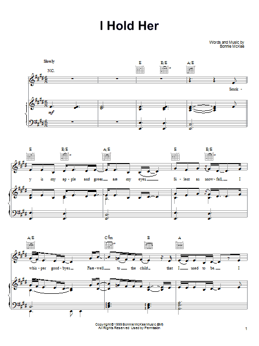 Learn to play Bonnie McKee I Hold Her sheet music for Piano, Vocal & Guitar (Right-Hand Melody) in minutes. Bonnie McKee I Hold Her sheet music preview music notes and score for Piano, Vocal & Guitar (Right-Hand Melody) including 6 page(s)