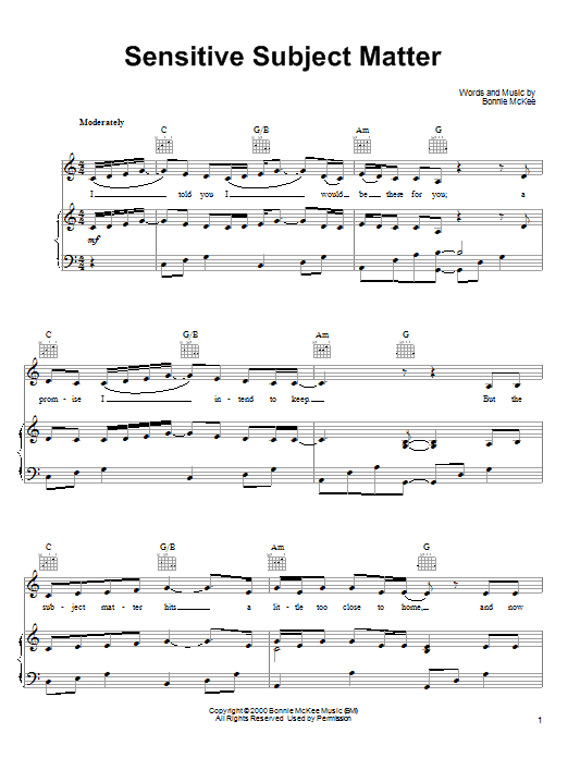 Learn to play Bonnie McKee Sensitive Subject Matter sheet music for Piano, Vocal & Guitar (Right-Hand Melody) in minutes. Bonnie McKee Sensitive Subject Matter sheet music notes and chords