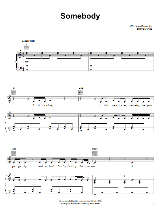 Learn to play Bonnie McKee Somebody sheet music for Piano, Vocal & Guitar (Right-Hand Melody) in minutes. Bonnie McKee Somebody sheet music notes and chords