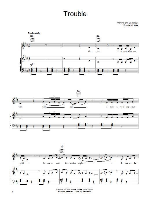 Learn to play Bonnie McKee Trouble sheet music for Piano, Vocal & Guitar (Right-Hand Melody) in minutes. Bonnie McKee Trouble sheet music preview music notes and score for Piano, Vocal & Guitar (Right-Hand Melody) including 7 page(s)