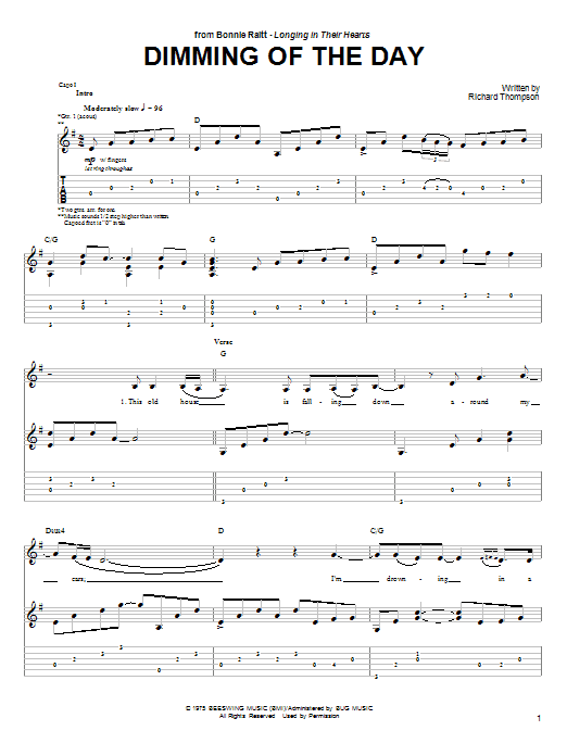 Learn to play Bonnie Raitt Dimming Of The Day sheet music for Guitar Tab in minutes. Bonnie Raitt Dimming Of The Day sheet music preview music notes and score for Guitar Tab including 6 page(s)
