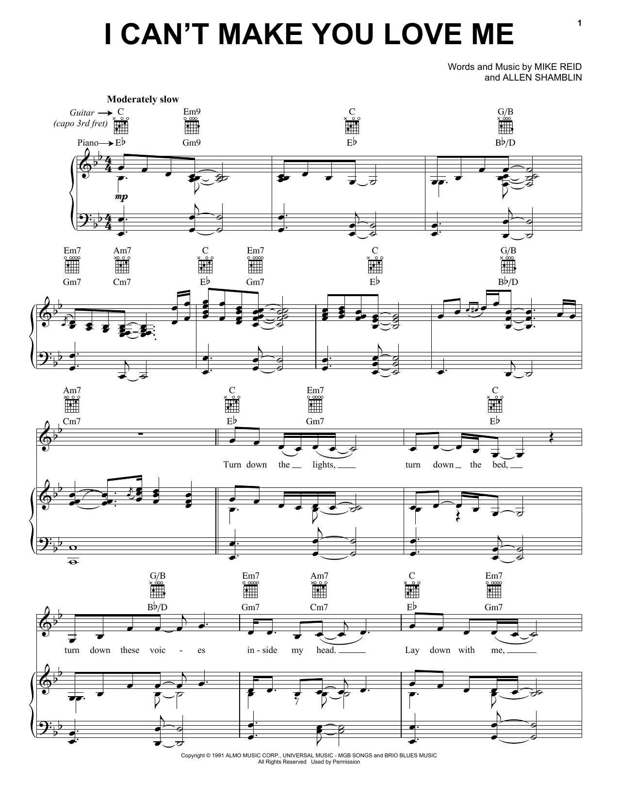 Bonnie Raitt I Can't Make You Love Me sheet music preview music notes and score for Piano, Vocal & Guitar including 5 page(s)