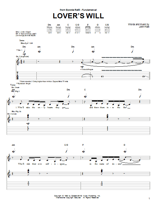 Learn to play Bonnie Raitt Lover's Will sheet music for Guitar Tab in minutes. Bonnie Raitt Lover's Will sheet music preview music notes and score for Guitar Tab including 7 page(s)