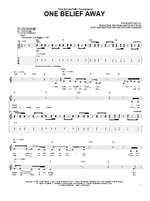 Learn to play Bonnie Raitt One Belief Away sheet music for Guitar Tab in minutes. Bonnie Raitt One Belief Away sheet music preview music notes and score for Guitar Tab including 7 page(s)