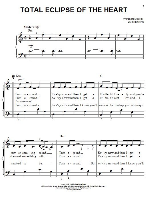 Learn to play Bonnie Tyler Total Eclipse Of The Heart sheet music for Easy Piano in minutes. Bonnie Tyler Total Eclipse Of The Heart sheet music notes and chords