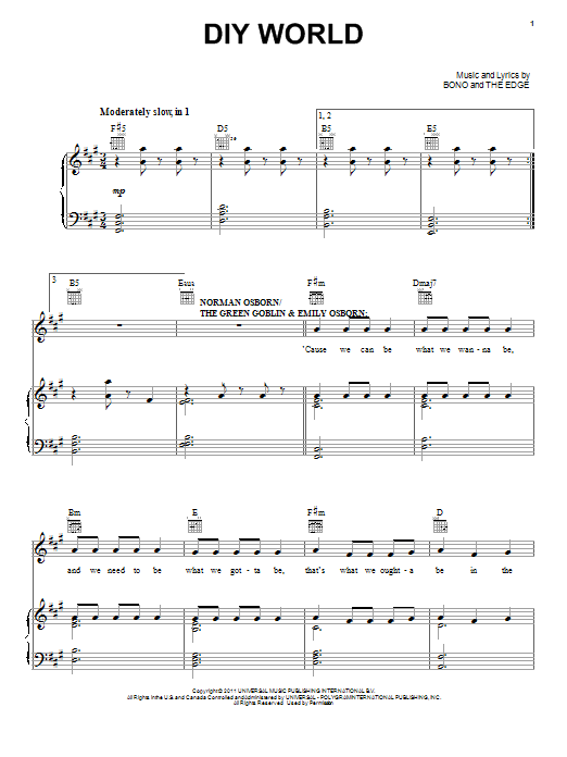 Bono & The Edge DIY World sheet music, chords, lyrics - Printable PDF for Piano, Vocal & Guitar (Right-Hand Melody)