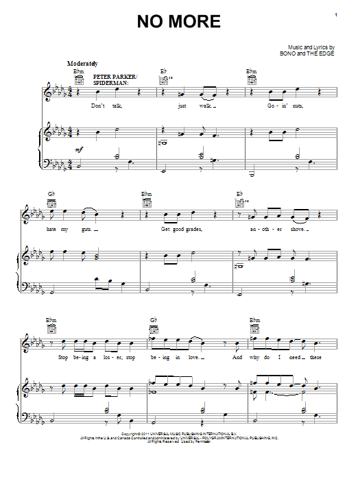 Bono & The Edge No More sheet music, chords, lyrics - Printable PDF for Piano, Vocal & Guitar (Right-Hand Melody)