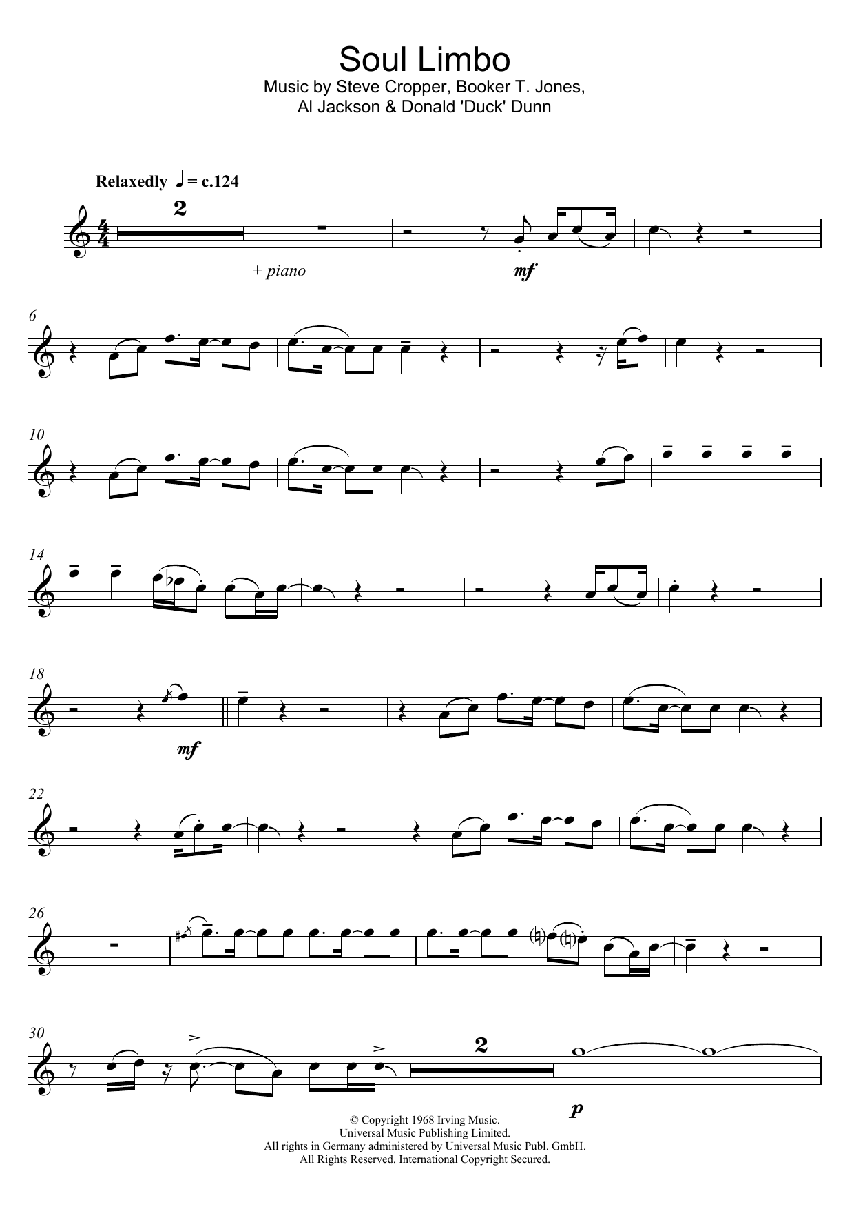 Learn to play Booker T and The MGs Soul Limbo sheet music for Clarinet in minutes. Booker T and The MGs Soul Limbo sheet music preview music notes and score for Clarinet including 2 page(s)
