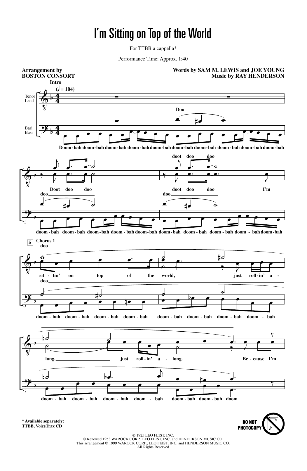 Learn to play Boston Common I'm Sitting on Top of the World (arr. Boston Consort) sheet music for TTBB Choir in minutes. Boston Common I'm Sitting on Top of the World (arr. Boston Consort) sheet music preview music notes and score for TTBB Choir including 5 page(s)