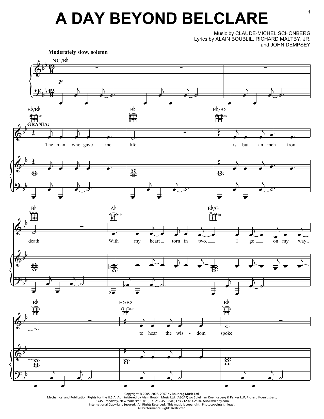 Boublil and Schonberg A Day Beyond Belclare sheet music preview music notes and score for Piano, Vocal & Guitar (Right-Hand Melody) including 8 page(s)