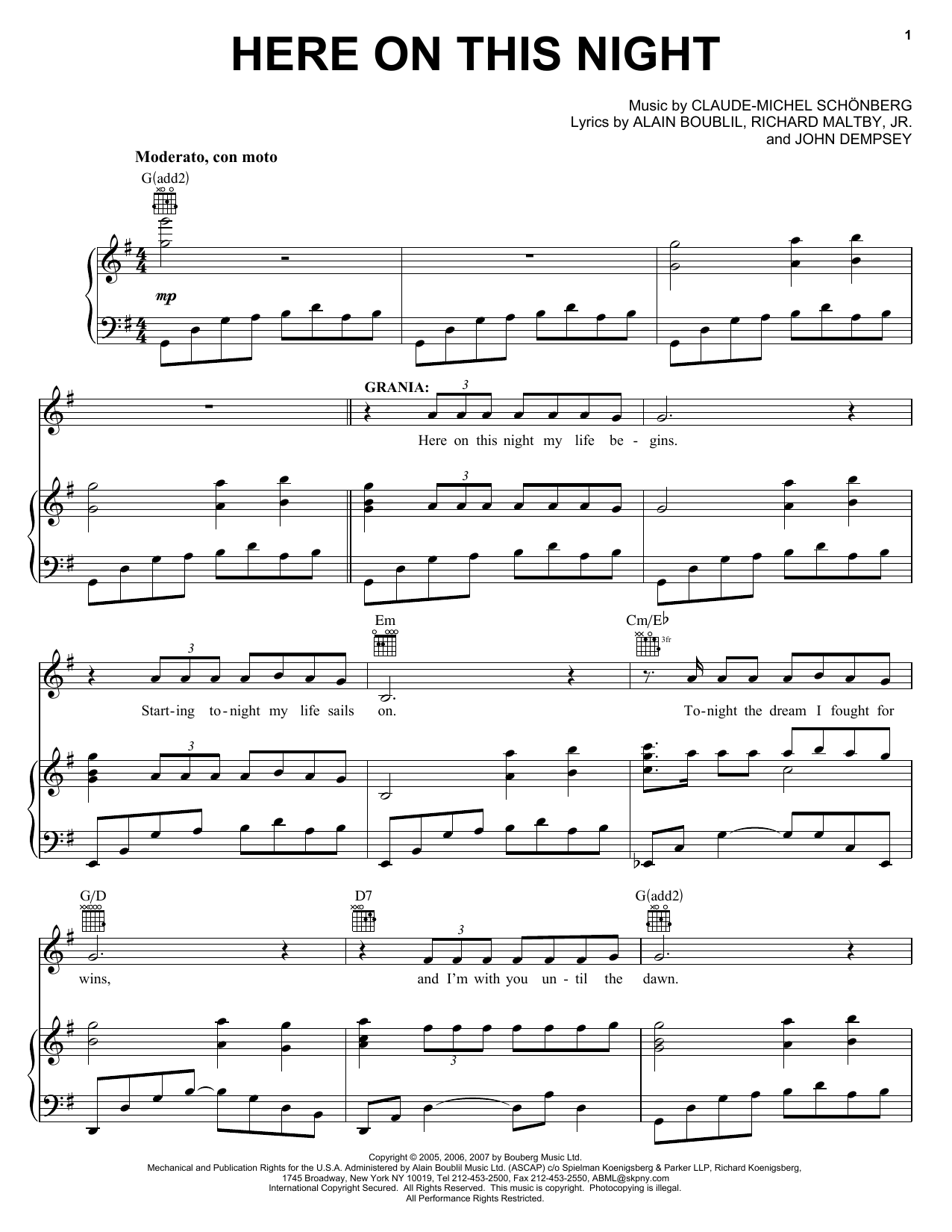 Learn to play Boublil and Schonberg Here On This Night sheet music for Piano, Vocal & Guitar (Right-Hand Melody) in minutes. Boublil and Schonberg Here On This Night sheet music preview music notes and score for Piano, Vocal & Guitar (Right-Hand Melody) including 8 page(s)