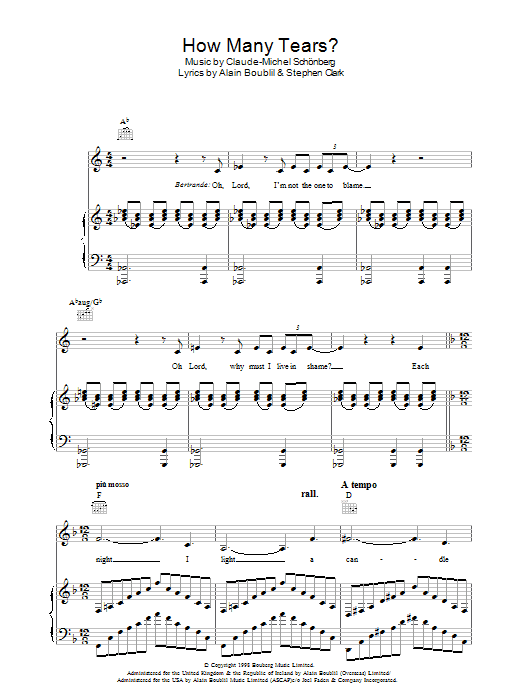 Learn to play Boublil and Schonberg How Many Tears? (from Martin Guerre) sheet music for Piano, Vocal & Guitar in minutes. Boublil and Schonberg How Many Tears? (from Martin Guerre) sheet music preview music notes and score for Piano, Vocal & Guitar including 5 page(s)