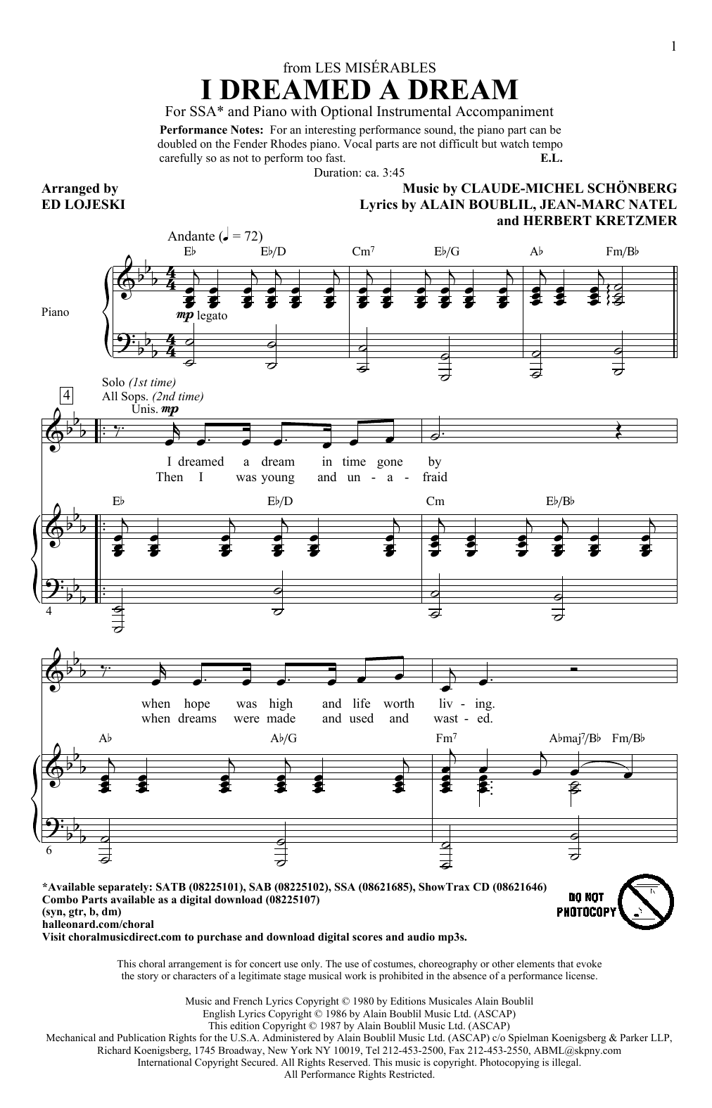 Learn to play Boublil and Schonberg I Dreamed A Dream (from Les Miserable) (arr. Ed Lojeski) sheet music for SAB in minutes. Boublil and Schonberg I Dreamed A Dream (from Les Miserable) (arr. Ed Lojeski) sheet music preview music notes and score for SAB including 8 page(s)