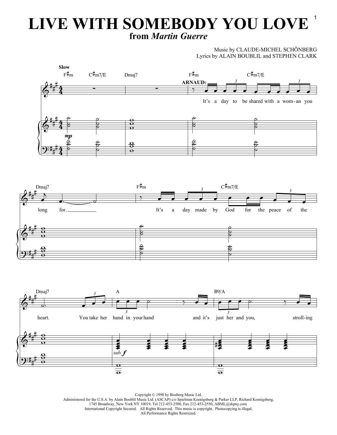 Learn to play Boublil and Schonberg Live With Somebody You Love (from Martin Guerre) sheet music for Piano, Vocal & Guitar in minutes. Boublil and Schonberg Live With Somebody You Love (from Martin Guerre) sheet music notes and chords