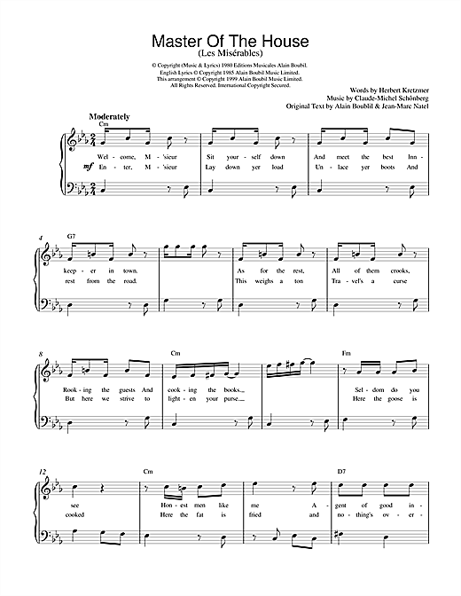 Learn to play Boublil and Schonberg Master Of The House (from Les Miserables) sheet music for Piano in minutes. Boublil and Schonberg Master Of The House (from Les Miserables) sheet music notes and chords