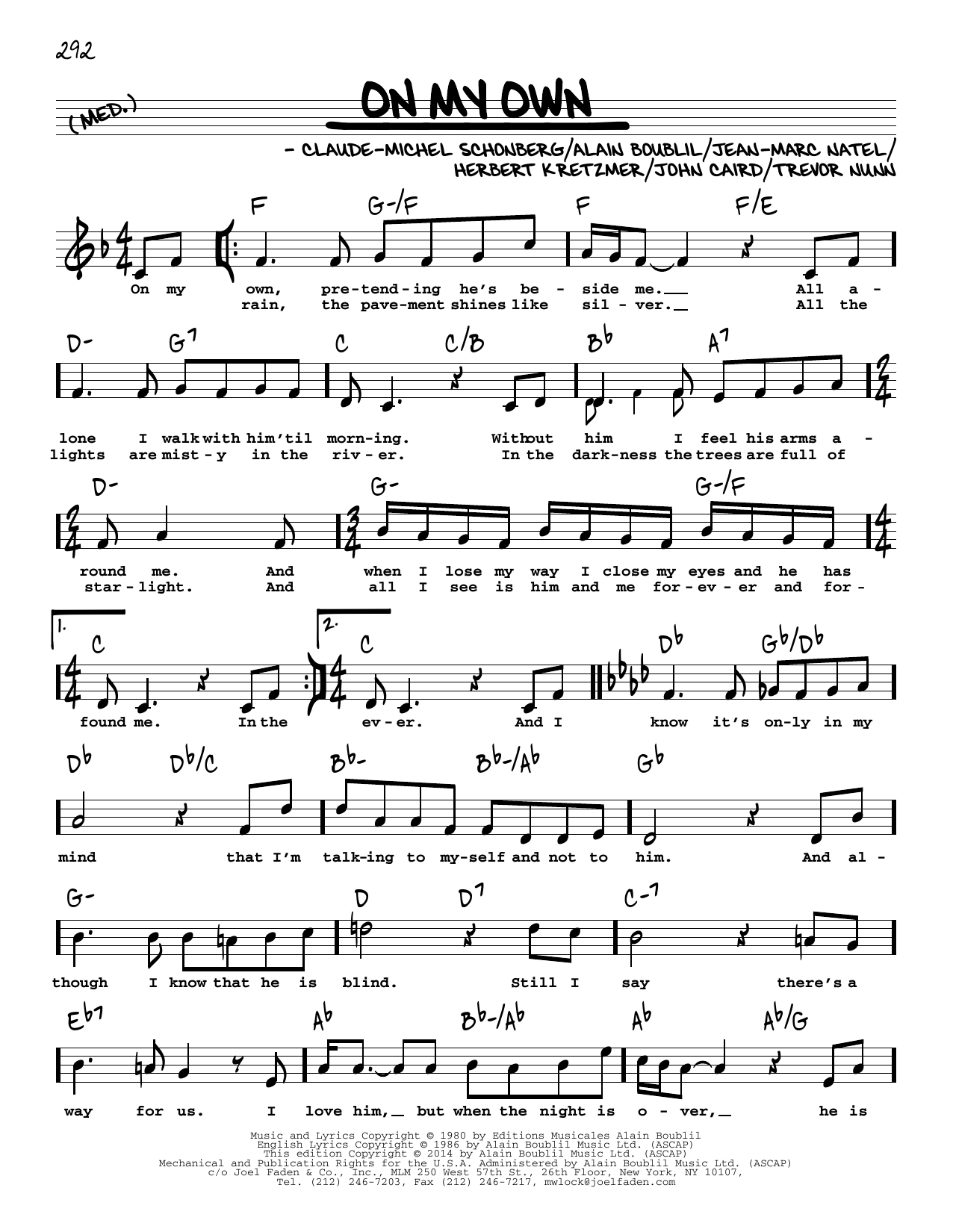 Learn to play Boublil and Schonberg On My Own (from Les Miserables) (High Voice) sheet music for Real Book – Melody, Lyrics & Chords in minutes. Boublil and Schonberg On My Own (from Les Miserables) (High Voice) sheet music preview music notes and score for Real Book – Melody, Lyrics & Chords including 2 page(s)