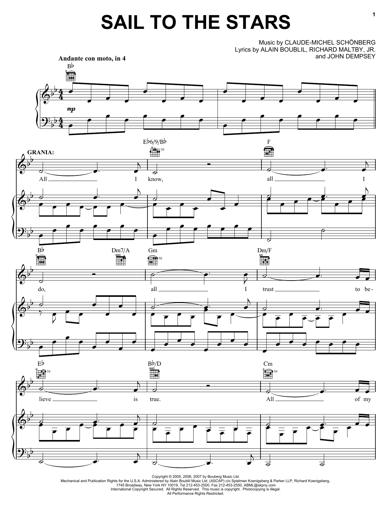 Learn to play Boublil and Schonberg Sail To The Stars sheet music for Piano, Vocal & Guitar (Right-Hand Melody) in minutes. Boublil and Schonberg Sail To The Stars sheet music preview music notes and score for Piano, Vocal & Guitar (Right-Hand Melody) including 6 page(s)