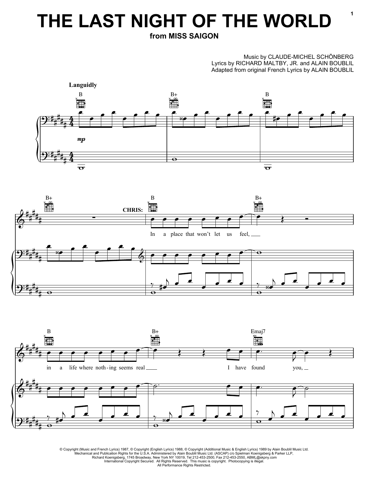 Learn to play Claude-Michel Schonberg The Last Night Of The World sheet music for Melody Line, Lyrics & Chords in minutes. Claude-Michel Schonberg The Last Night Of The World sheet music notes and chords