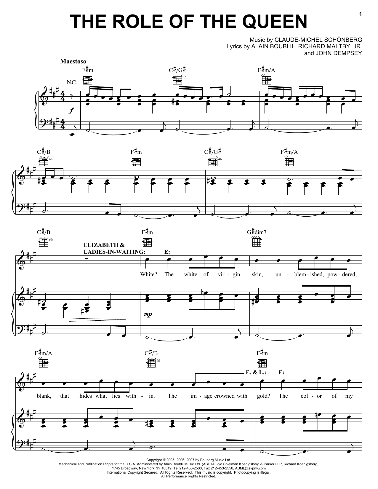 Learn to play Boublil and Schonberg The Role Of The Queen sheet music for Piano, Vocal & Guitar (Right-Hand Melody) in minutes. Boublil and Schonberg The Role Of The Queen sheet music preview music notes and score for Piano, Vocal & Guitar (Right-Hand Melody) including 7 page(s)
